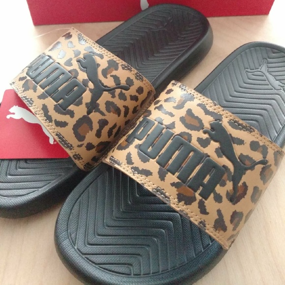 puma leopard print sliders